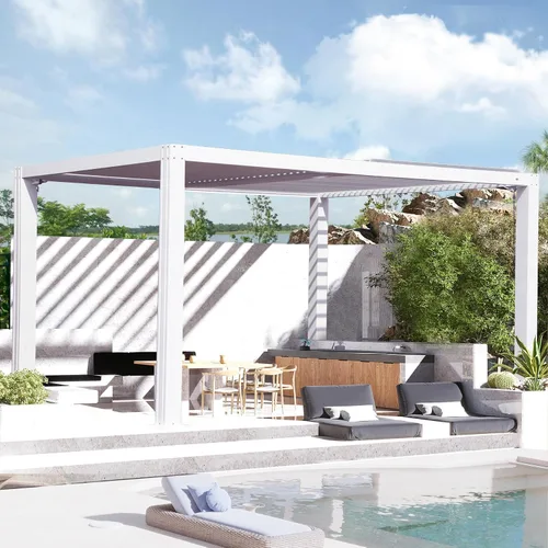 Vista 20 de Domi - Pérgola de aluminio para exteriores de 10 x 10 pulgadas con cortinas y malla Marrón oscuro