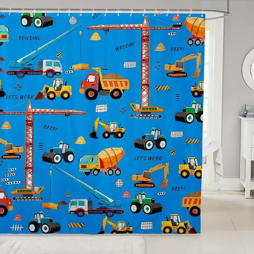 Vista 5 de Erosebridal Construction Truck Shower Curtain 72" Wx72 L Excavator Waterproof Bathroom Accessories Navy Blue Tractor Machinery Vehicle Bath Curtain