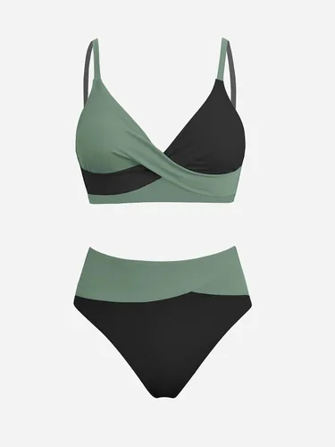 Vista 5 de CUPSHE Conjunto de bikini de dos piezas con cuello en V y cintura alta para Negro/Verde