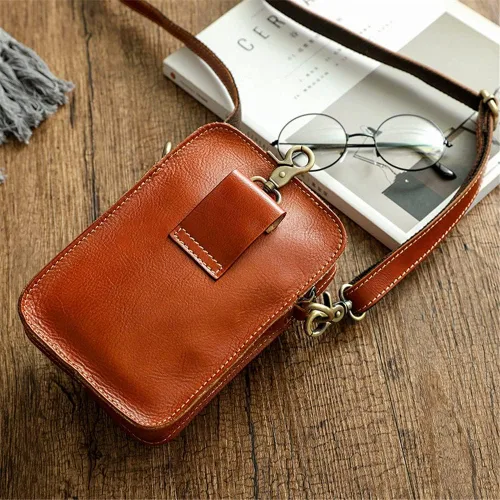 Vista 5 de Ztimi Bolso de mensajero de un solo hombro de color frotado a mano para hombre, bolsa colgante retro pequeña bolsa de teléfono móvil