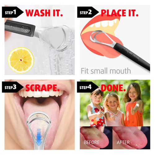 Vista 4 de Cbiumpro Paquete de 4 raspadores de lengua para niños y adultos, limpiador de lengua de acero inoxidable con estuche de viaje, reduce el mal aliento