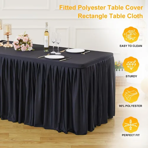 Vista 5 de Manteles de poliéster negro para mesas rectangulares de 4 pies, cubierta de mesa ajustada sin arrugas con falda de mesa plisada con volantes