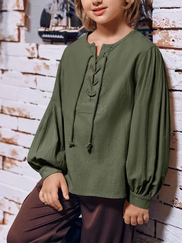 Vista 2 de Makkrom Camisa de disfraces para niño, medieval, renacentista, Halloween, jacobita escocés, Ghillie, con cordones, para niños de 5 a 14 años