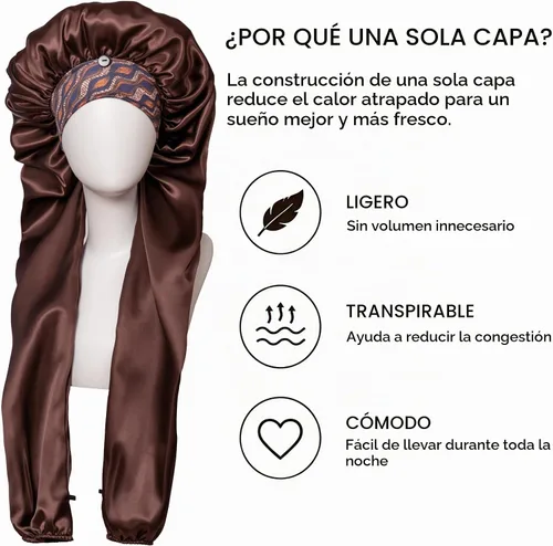 Vista 4 de Isshin Beauty Gorro de satén para mujeres durmientes: doble manga 2 en 1, protector de pelo largo antiencrespamiento Negro y café