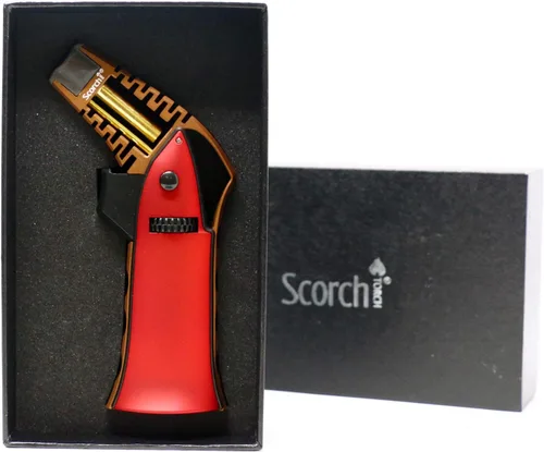 Vista 4 de Antorcha Scorch Torch de 6.75" de aluminio, ajustable, recargable con butano, fabricada con CNC, portátil, en caja de regalo (Rojo #1)