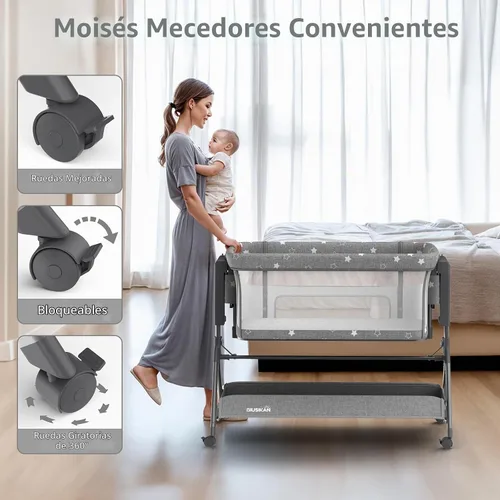Vista 6 de BIUSIKAN Moisés de bebé 3 en 1, moisés mecedora para dormir junto a la cama con colchón cómodo y malla transpirable, 6 alturas ajustables y ruedas