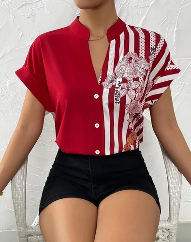 Vista 5 de Pantete Blusa de manga corta con botones y cuello en V para mujer