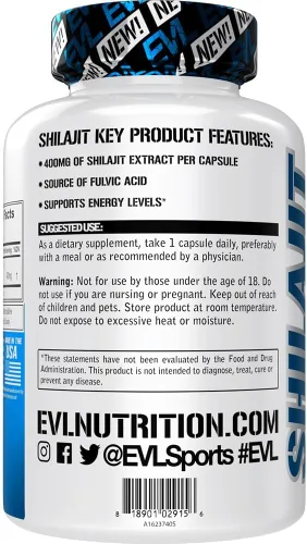 Vista 3 de Evlution Nutrition Shilajit - Apoyo energético - 400 mg de extracto de shilajit - Suplemento de ácido fúlvico - Cápsulas vegetarianas