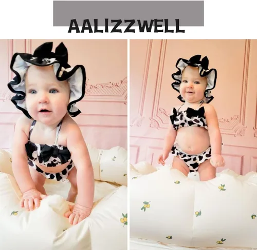 Vista 3 de Aalizzwell Conjunto de bikini de 3 piezas para niñas pequeñas con sombrero