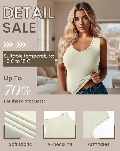 Vista 4 de Paquete de 4 camisetas térmicas sin mangas para mujer, con cuello en V, forro polar, sin mangas, cálido, chaleco de capa base