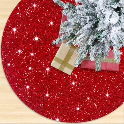 Vista 11 de Faldón para árbol de Navidad con lentejuelas doradas brillantes de 21 pulgadas, faldón de terciopelo con lentejuelas para árboles delgados, collar