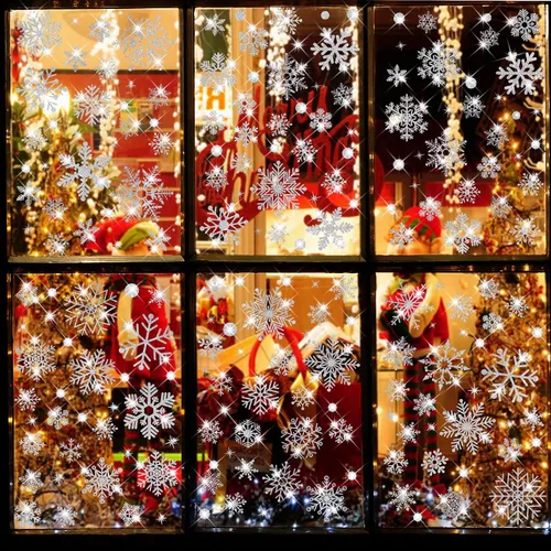 Vista 2 de 207 adhesivos para ventana de copo de nieve con purpurina, adhesivos de Navidad para ventanas de vidrio, adhesivos de Navidad estáticos