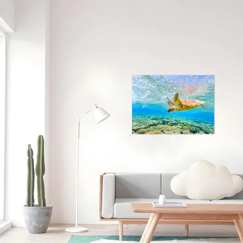 Vista 3 de Playa - Arte de pared del océano: tortugas marinas en un lienzo azul para decoración de baño, arte marino, tortuga hawaiana, decoración costera