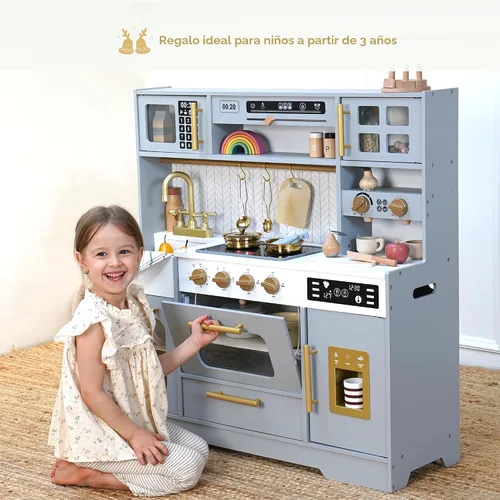 Vista 7 de Cocina de madera de juguete para niños – Juego de cocina de simulación con estufa realista, fregadero, cafetera, máquina de hielo, cocina de juguete