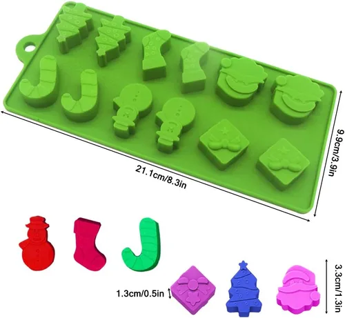 Vista 5 de YuCool Paquete de 3 moldes de silicona de Navidad para chocolate y caramelos, pequeños moldes de silicona para hornear – rojo, verde, rosa