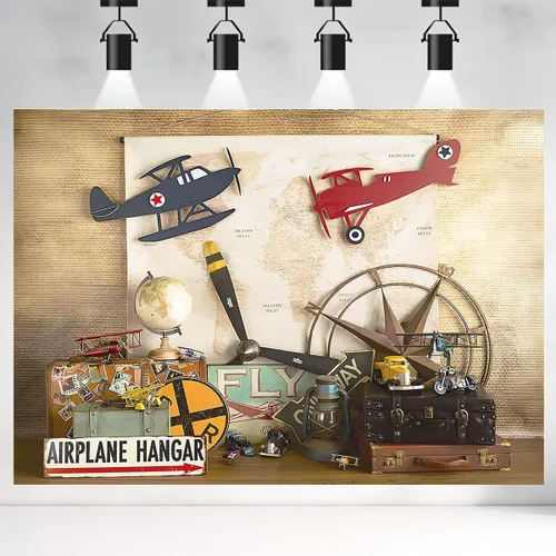 Vista 3 de Telones de fondo de sueño volador para niños, decoración de fiesta de primer cumpleaños, mapa piloto, avión, maleta de viaje, fondo de fotos, baby