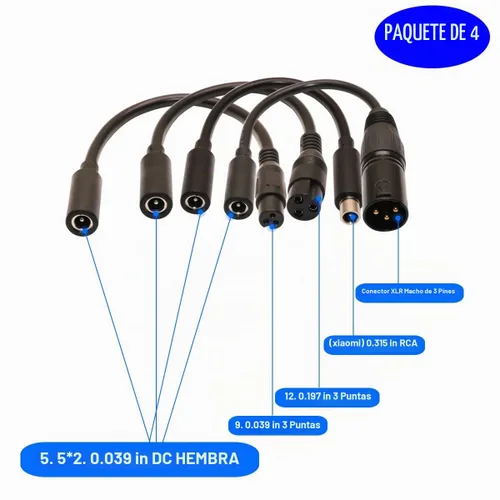 Vista 2 de Cable adaptador de carga universal de 42 V 2 A, 4 enchufes de repuesto para batería de litio de 36 V, paquete DC 5.5 x 2.1 con conector XLR macho
