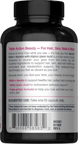 Vista 3 de NeoCell Biotin Complex Hair, Skin & Nails 90 Cápsulas con péptidos de queratina BioActive y ácido alfa lipoico Fórmula con infusión