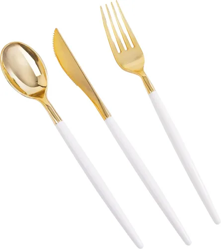 Vista 13 de MirthMood - 36 cubiertos de plástico dorados, cubiertos dorados desechables, utensilios desechables resistentes, juego de cubiertos de plástico