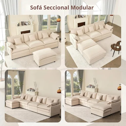 Vista 8 de GOSUHI - Sofá en forma de U de 108", sofá seccional modular, sofá de nube de 3 plazas con otomana móvil, sofás de asiento profundo para sala de Beige
