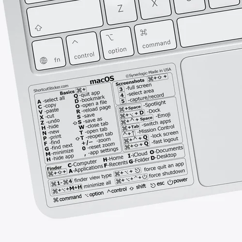 Vista 14 de Synerlogic (Universal/Neo/Air/Pro) Teclado de referencia Mac OS Adhesivo de acceso directo, vinilo laminado - para MacBook/iMac/Mini (negro)