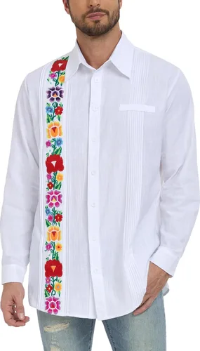 Vista 4 de YZXDORWJ Camisas mexicanas para hombre, camisa de guayabera cubana, casual, manga larga, bordada, de lino, para verano, playa