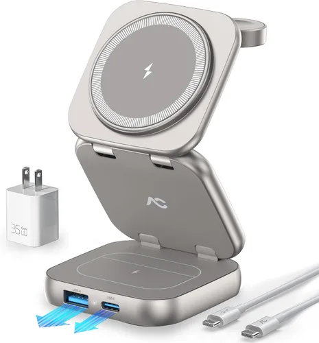 Vista 11 de Cargador inalámbrico 5 en 1 para MagSafe, estación de carga de viaje portátil AC ISLAND de 35 W, soporte magnético plegable rápido Qi2 de 35 W