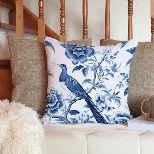 Vista 6 de ArogGeld Funda de cojín azul índigo floral y pájaro azul marino chinoiserie chinoiserie peonía cuadrada almohada tradicional china china europea