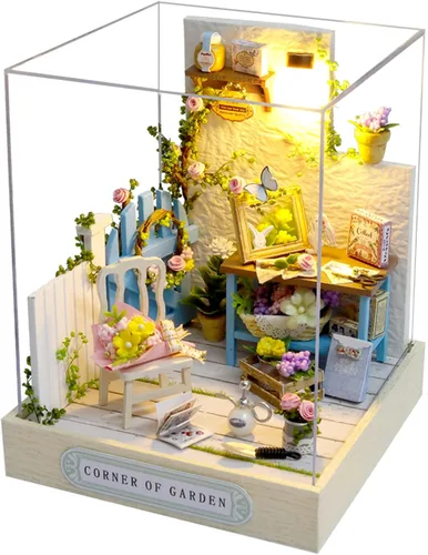 Vista 19 de CUTEROOM Juego de bricolaje para casa de muñecas en miniatura con muebles de madera, kit de casa de madera con cubierta antipolvo y luz LED