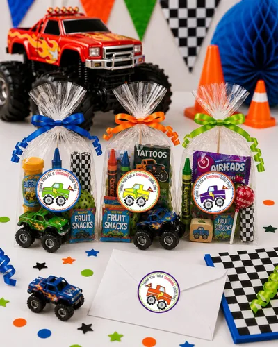 Vista 4 de Etiquetas adhesivas con texto en inglés "Thank You" de Monster Truck – Etiquetas de regalo para fiesta de cumpleaños de niños – Juego de 30