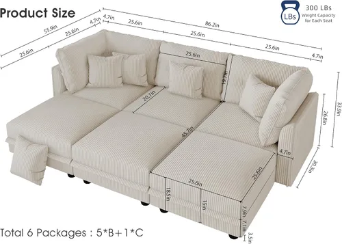 Vista 2 de LLappuil Sofá cama modular con diván de almacenamiento, sofá cama modular de pana para sala de estar, apartamento, beige