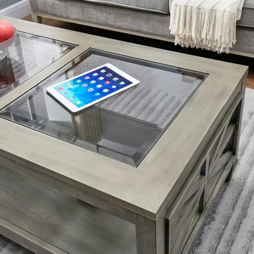 Vista 6 de Mesa de centro de madera maciza con tapa de vidrio templado, mesa rectangular para sala de estar con estante de almacenamiento de 2 neumáticos, mesa