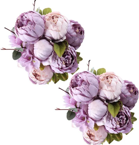 Vista 8 de Fule Paquete de 2 ramos de flores artificiales de seda de peonía grande, arreglo de centros de mesa de boda (marrón camafeo)