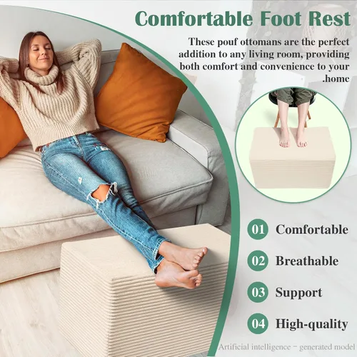 Vista 5 de Otomano Rectangular de Puf, Puf de Piso Relleno con Relleno de Espuma en Trozos, Reposapiés Suave de Felpa Coral en Forma de Raya Ancha, Otomano