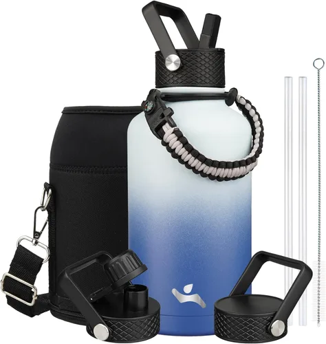 Vista 34 de Konokyo - Botella de agua aislada de 18 onzas, botellas deportivas de acero inoxidable con 3 tapas, verde militar
