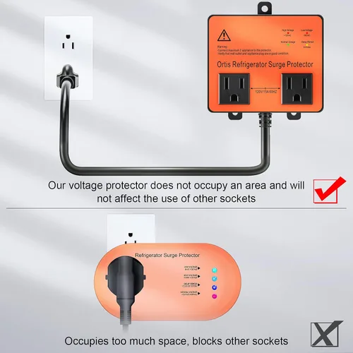 Vista 5 de Protector de sobretensiones para refrigerador, Ortis Protector de voltaje de doble salida para electrodomésticos con retraso de tiempo, protege