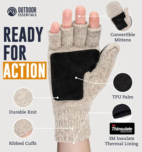 Vista 3 de Guantes de invierno sin dedos, guantes de lana convertibles para hombres y mujeres, guantes de nieve cálidos de punto térmico para clima frío