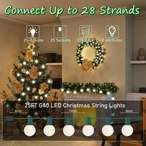Vista 2 de Guirnalda de luces LED G40 para exteriores de 25 pies, luces de Navidad con forma de globo esmerilado con 27 (2 de repuesto) bombillas redondas