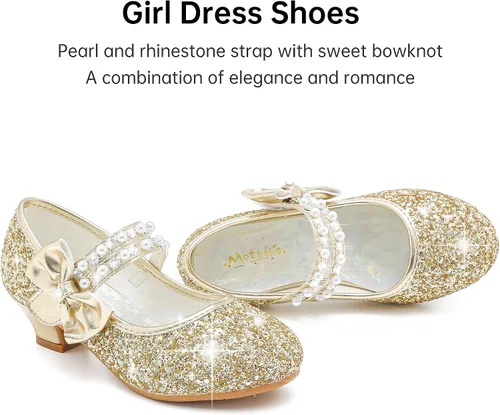 Vista 3 de Motasha Zapatos de vestir para niñas pequeñas, zapatos de princesa con purpurina Mary Jane para niñas, tacones bajos, fiesta, boda, para niños