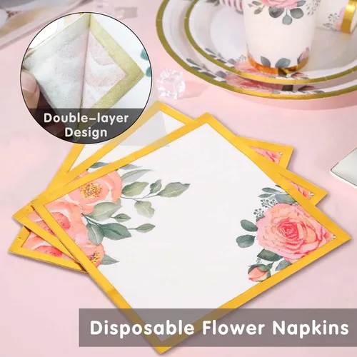 Vista 4 de Juego de 350 platos de papel floral, platos desechables con borde dorado para 50 invitados, suministros de fiesta para adultos, jardín, fiesta