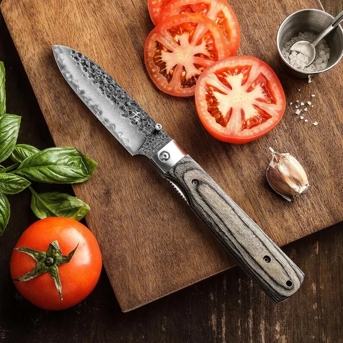 Vista 5 de Cuchillo de chef plegable afilado de acero inoxidable forjado 440A, cuchillo de fruta, mango de madera colorida, barbacoa de camping, cuchillo