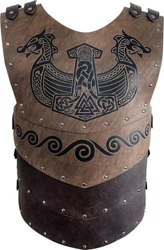 Vista 4 de HiiFeuer Armadura vikinga en relieve para el pecho con armadura medieval de muslo y brazos en relieve, disfraz retro vintage de bárbaro de piel
