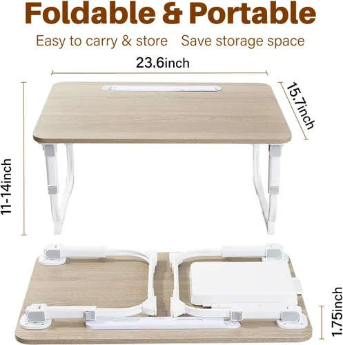 Vista 5 de Escritorio para computadora portátil para cama con luz de escritorio LED, mesa ajustable para tableta con patas plegables, cajón de almacenamiento