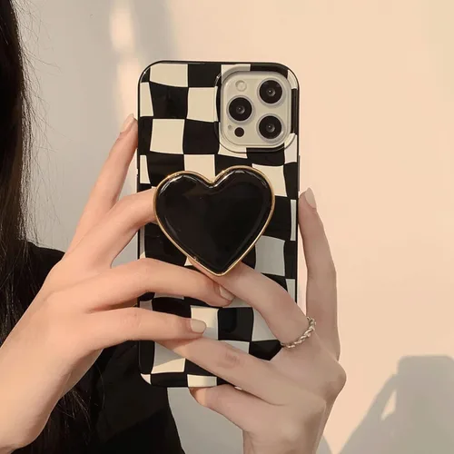 Vista 5 de Funda de teléfono con soporte a cuadros negros con diseño de patrón antideslizante, marco de gel de sílice suave para iPhone 7/8