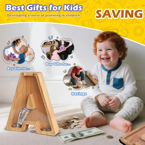 Vista 3 de Alcancía de Madera Personalizada con Letras del Alfabeto, Banco de Monedas con Letras del Alfabeto para Niños, Niñas y Bebés, Tamaño Grande, 26