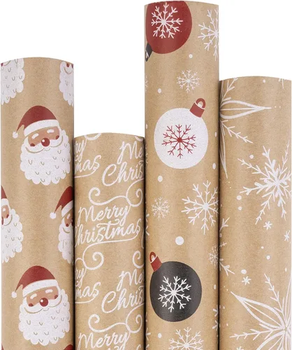 Vista 21 de RUSPEPA Papel de regalo de Navidad, papel kraft – reno, rayas y copos de nieve en diseño azul – 4 rollos – 30 pulgadas x 10 pies por rollo