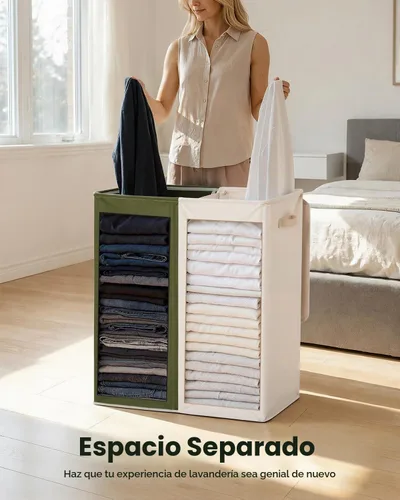 Vista 3 de SOLEDI Cesta de lavandería grande doble con tapa, cesta de ropa plegable de 2 secciones con bolsas extraíbles, cesta de lavandería que ahorra