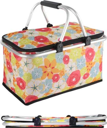 Vista 12 de Cesta de picnic aislada, bolsa enfriadora plegable, cesta de comestibles de 32 litros con tapa, 2 asas resistentes, cesta de almacenamiento