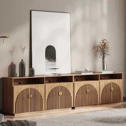 Vista 25 de BELLEZE Centro de entretenimiento modular de 4 piezas con almacenamiento, 2 vitrinas de madera moderna con gabinete arqueado y 2 armarios de puerta