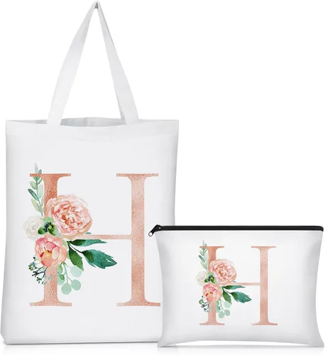 Vista 17 de Sanwuta 2 bolsas de lona con inicial, diseño floral con letras florales, bolsas de cosméticos de viaje, bolsas con monograma para mujer, mujer